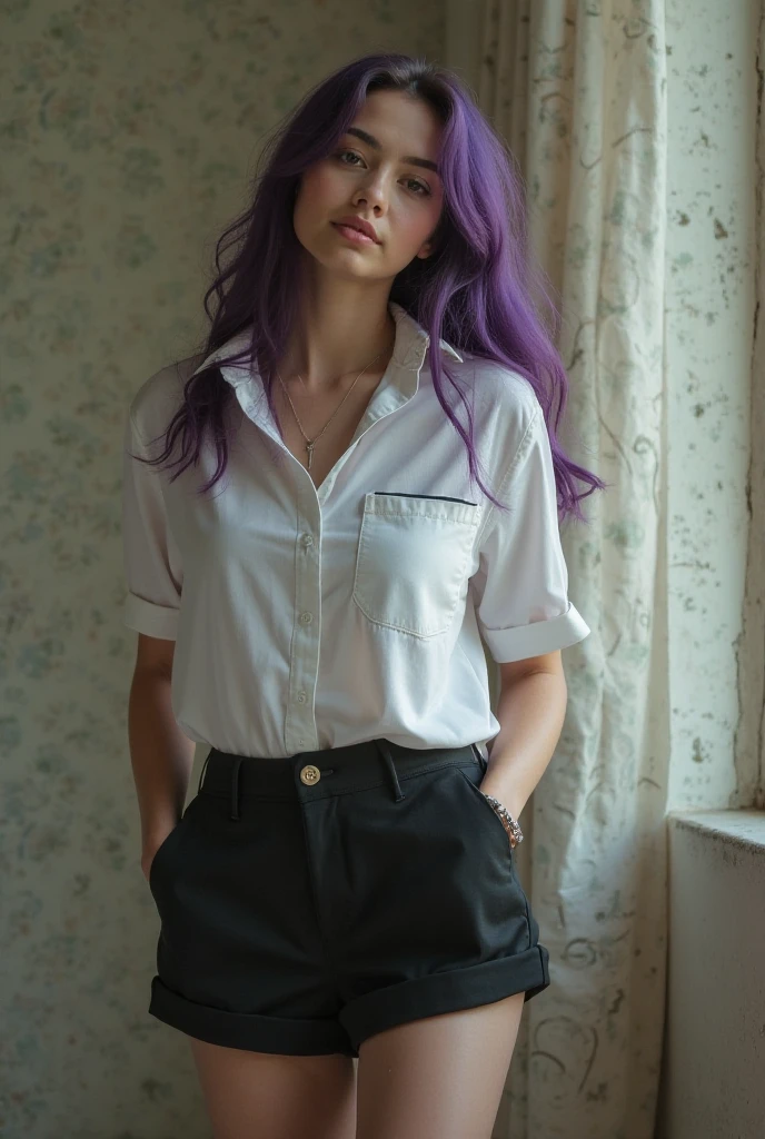 beautiful latin woman, violet hair, standing straight facing forward,with white t-shirt, leather pants, on a greyish background, cotton t-shirt texture, fitted t-shirt, round neck, striped tights. Medium camera shot.