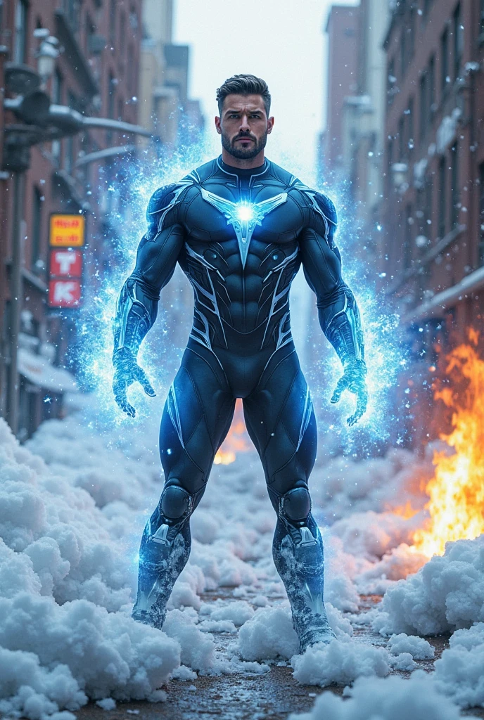 A superhero with the ability to breathe fire from his hands and generate magic with a blue aura