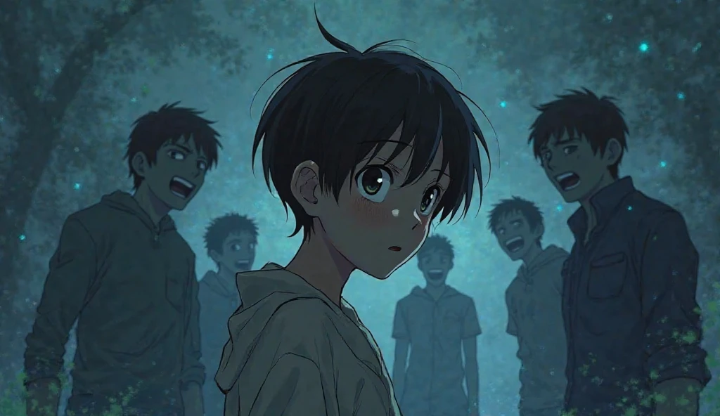 Image of a teenage anime boy gathered in a camp all sad and scared with other people at night version 
