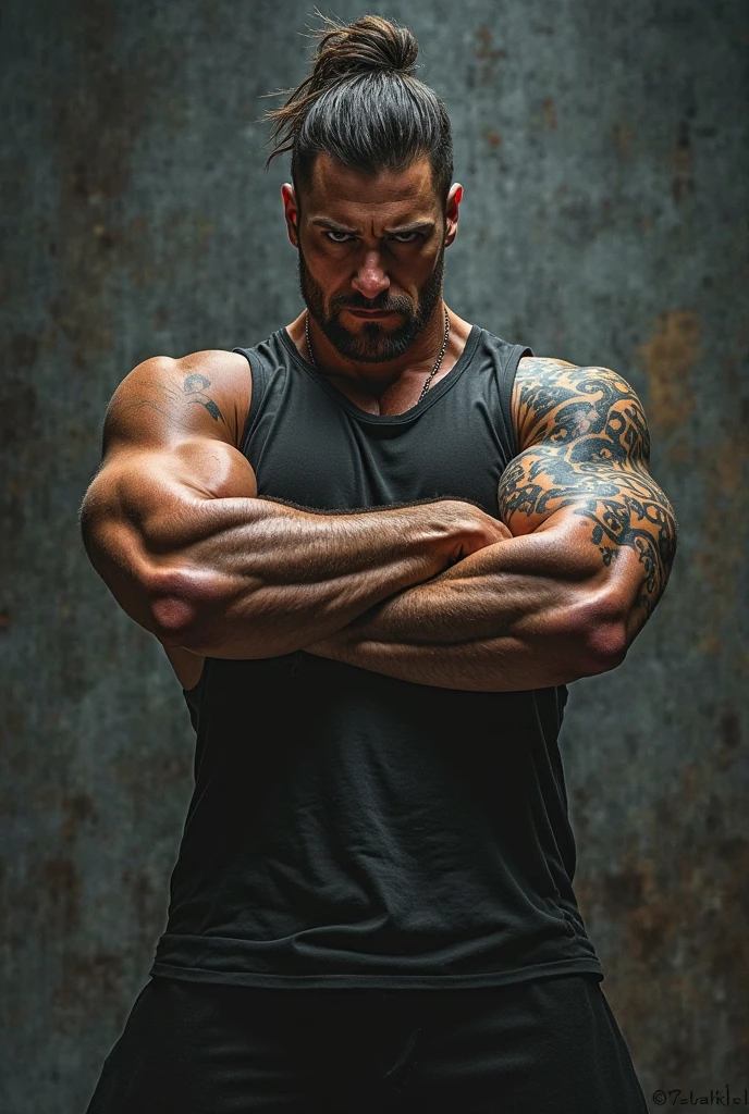 Muscular tattooed man shirtless at the gym