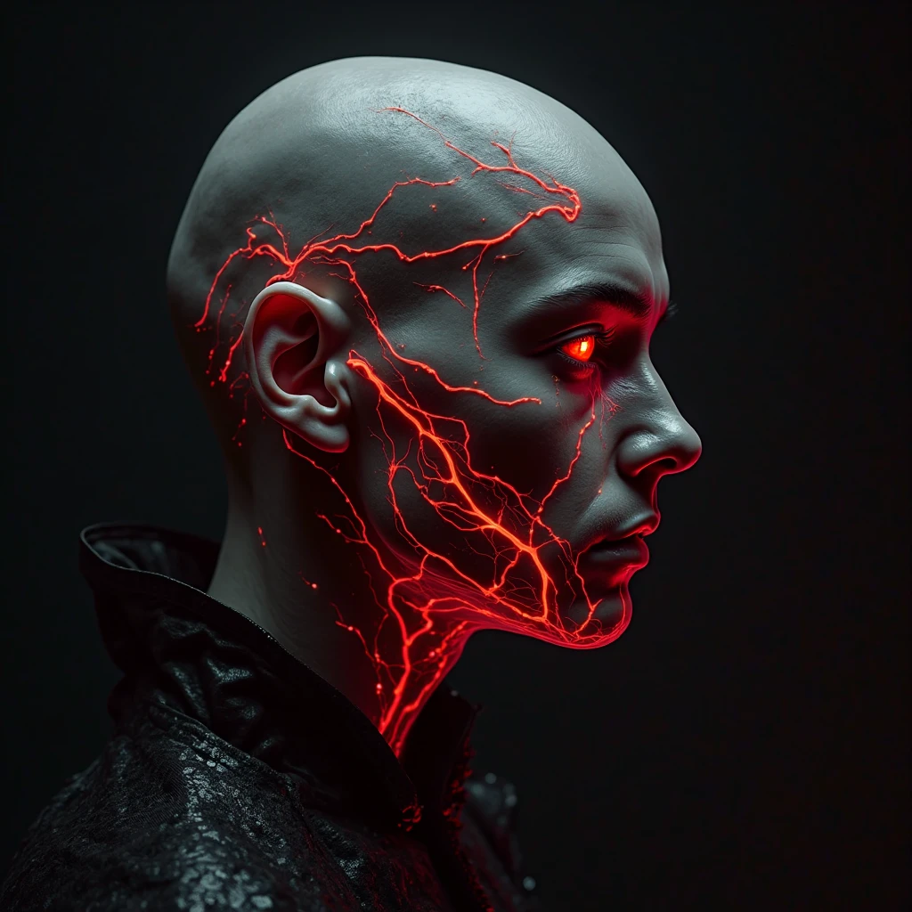 Profile of an albino man, red eyes with the whole face marked with veins