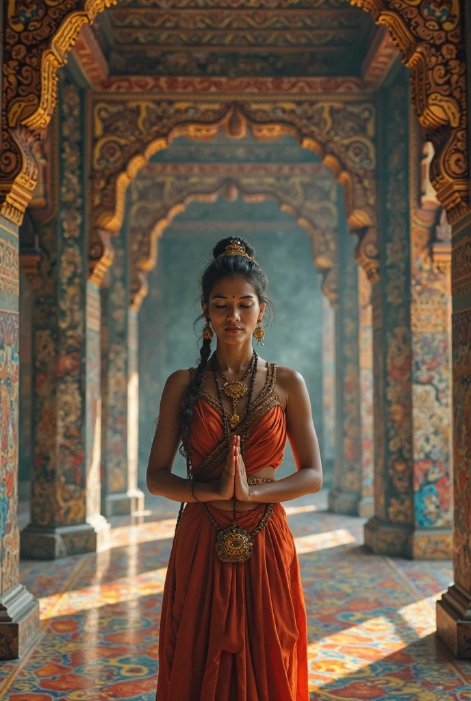 Young tantric priestess with tattoos and percings on her body meditating in a temple --auto