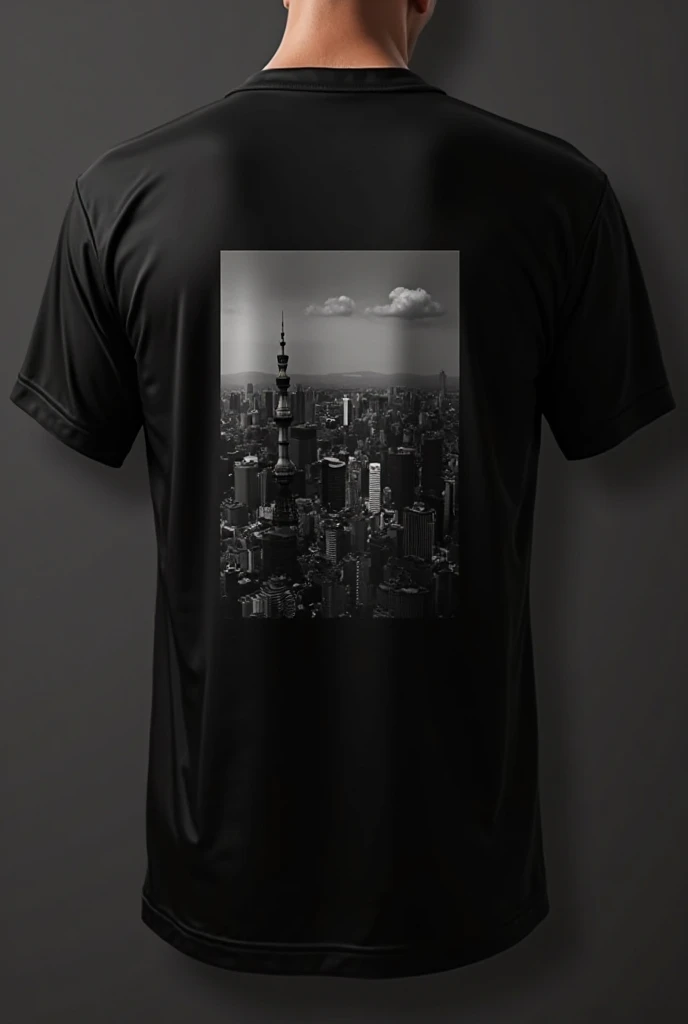 Fully facing the viewer is a fashion editorial style boy wearing an oversized black t-shirt with neon wireframe graphics of iconic skyscrapers, merging Casablanca Paris’s urban elegance with the street culture balenciaga inspirate . High fashion, streetwear, 3D oversized t-shirt mockup.