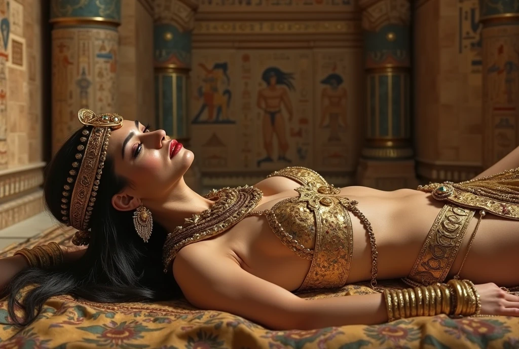 ((best quality)), ((masterpiece)), (perfect face), (detailed), indoor cannabis sativa temple, detailed realistic face, ((short muscular dark-skinned Egyptian woman with long braided hair, small breasts, full lips, round nose, glowing amulet necklace, golden jeweled armlets, arousing leg spread pose on rug)), incense burning in background