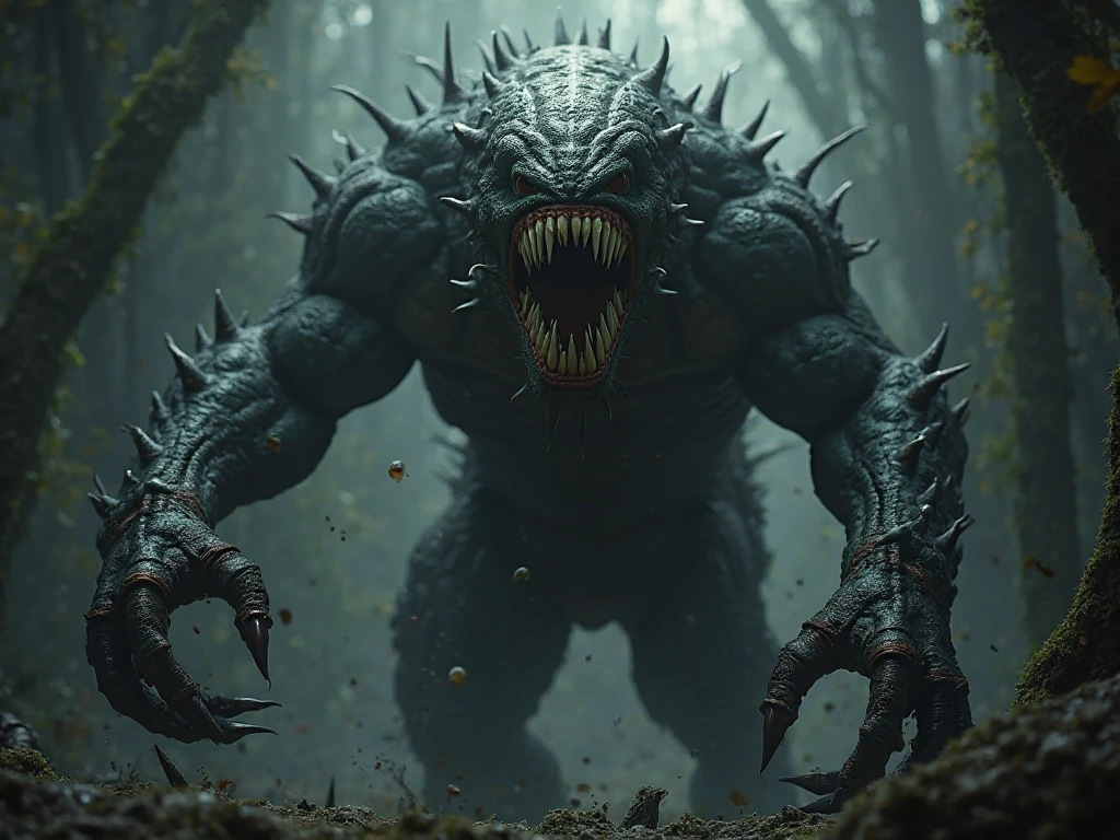 A very detailed painting, forest world, Depicts a man have a weapon on a hill gazing at a giant alien monster lightning rain breath, author:Shinkai Makoto, By Art Jem, From Wlop, author:Greg Rutkowski, Volumetric Lighting, Octane Rendering, 4K resolution, Popular on artstation, masterpiece ,flame magic