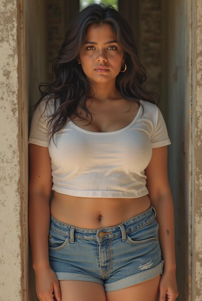 indian,girl,tan in complexion,wearing blue denim shorts, fat thighs,wearing transparent white tshirt,nipples can be seen through the white t shirt