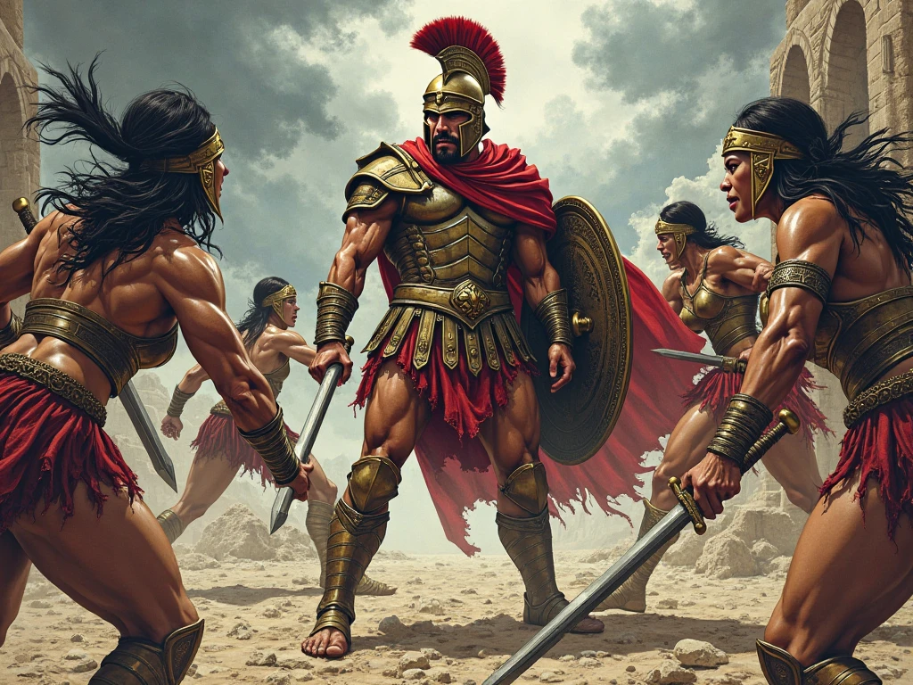 by Aaron Horkey and Jeremy Mann, masterpiece, best quality, Photorealistic, Ultra-high resolution, photographic light, illustration by MSchiffer, fairytale, Hyper detailed group photography, whole body, , 1st century , whole body, spartan soldier wearing spartan helmet, slim athletic toned body, white skin with some scars, perfect symmetrical figure, harmonious male anatomy, He is standing on a tropical island next to a river., surrounded by young blonde fitness german tribes