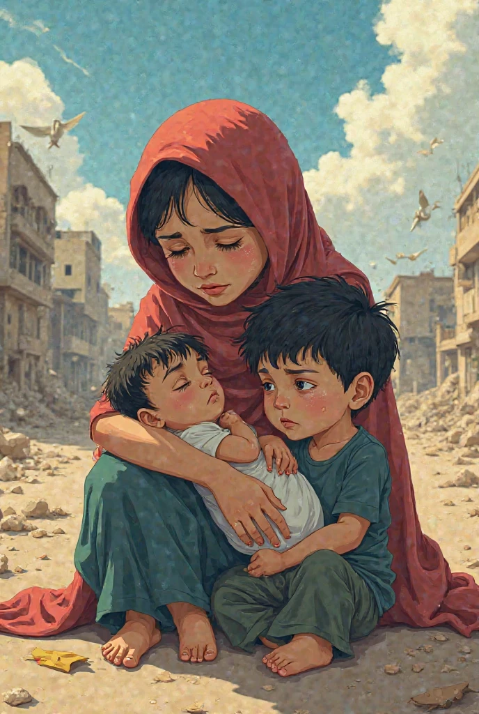Aerial view angle shot of a crying arab family of mother, father and child holding each other in a family hug while looking up at the sky, the arab family background and surrounding all covered in a huge bomb explosion smoke, the smoke coloured in Palestinian flag colours of red and green, surrealism art, fantasy art, arthouse art, creative art, red and green layers of colour in the background, surrealism, cinematic lighting, artgerm style, 32k, ultra HD, unreal engine rendered, hyper-realistic image, --auto --s2