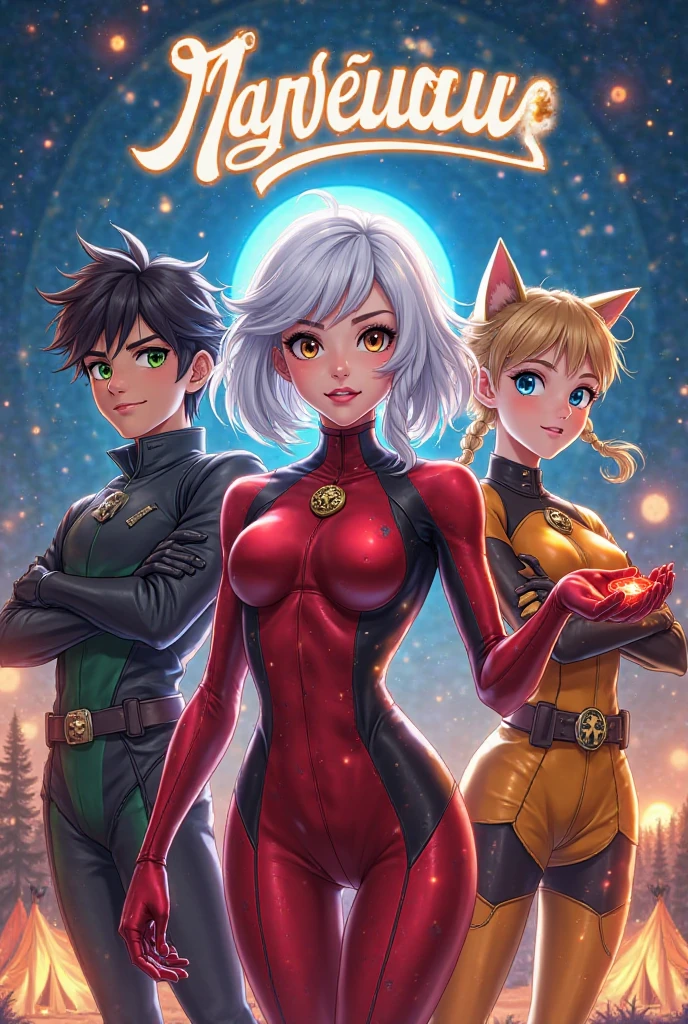 A fluffy orange tabby cat with green eyes and a red collar. The cat is sleeping on the lap of Captain Marvel, who is wearing her blue and red suit and smiling at the camera. Behind them is a starry sky and a spaceship. giga_busty