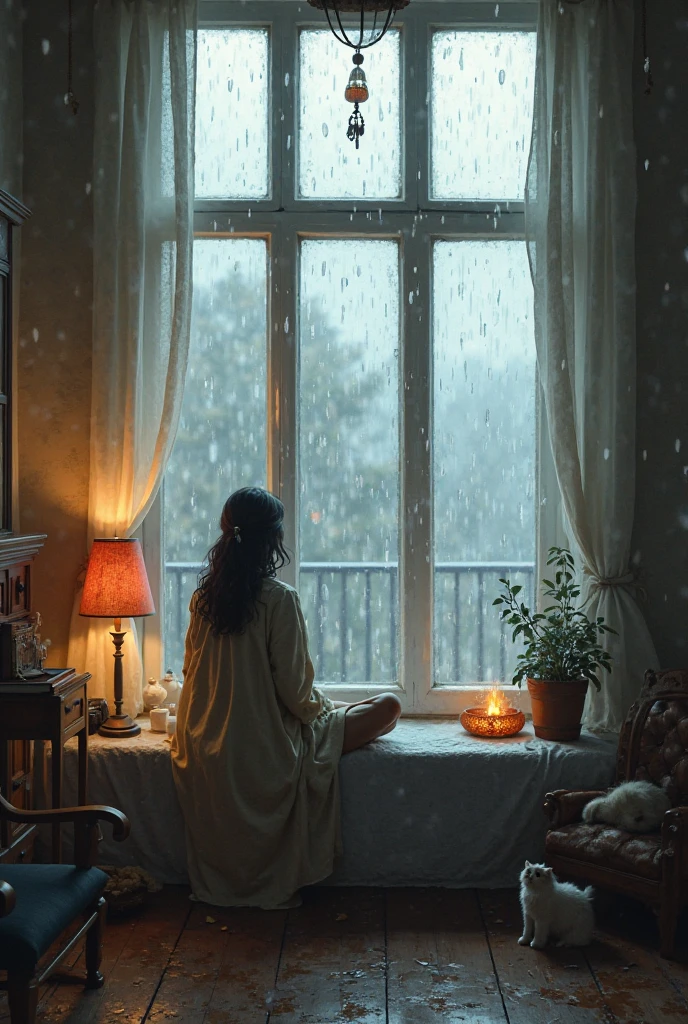Wide window sill. It's raining outside. - SeaArt AI