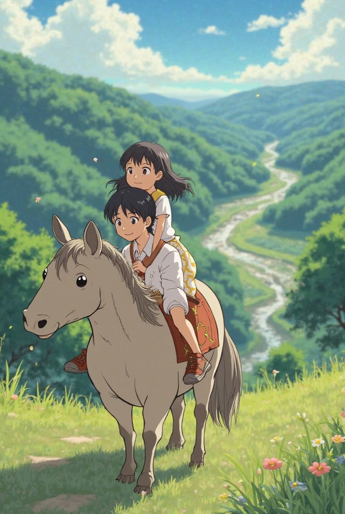 A girl is riding on the wolf, A boy is riding on the red deer. they are looking each other