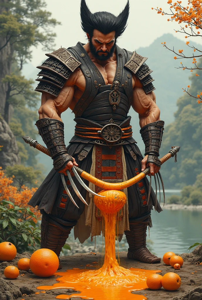 Contemporary warrior with swords and holding corn in his hand