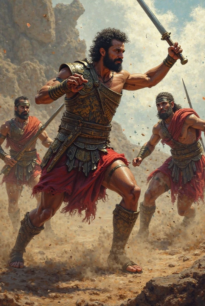 david vs goliath, focus of tension in the battle against each other, army, sword cloudy weather david holding a stone 