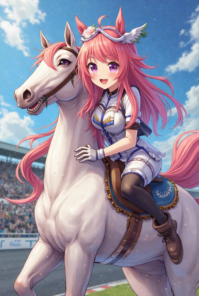 Dark Magician Girl、MKSKS style、独奏、(highly detailed back ground:1.0)、(highly detailed back ground:1.0)、A masterpice、beste-Quality、(babes)、Fractal Art、Blue eyes、Clear eyes、Reddish cheeks、Armor Musha、Japan sword、Looking back、Smiling、(Iridescent hair、Colorful hair、1/2 Blue and 1/2 pink hair:1.3)、A girl is riding a horse、Edo cityscape、Edo Castle、sunsets --auto