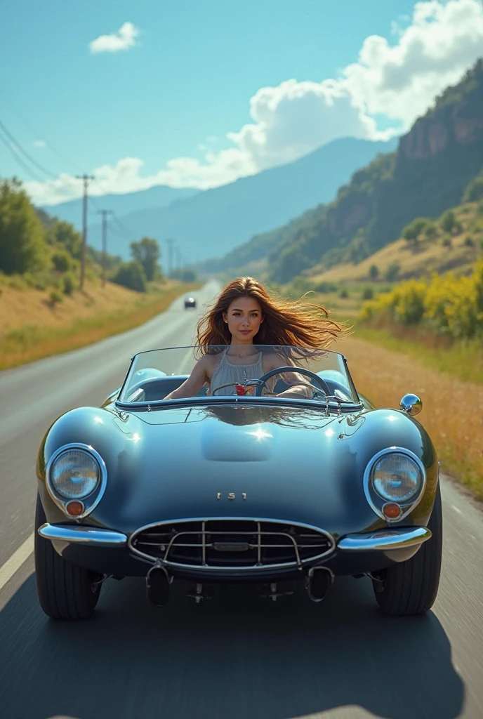 Create a woman in open top sports car, the woman driving her car on the road, You can see her from a distance behind her, walking happily, raising her hands. 