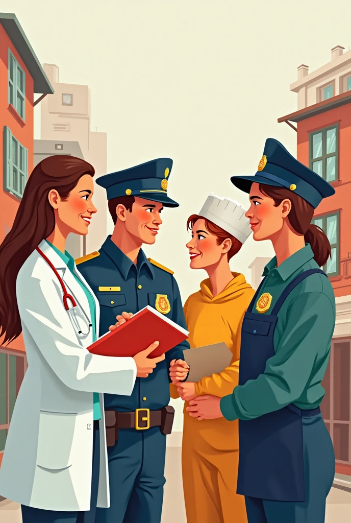 A cartoon picture of a male Malaysian firefighter fully dressed in uniform holding a hose, a fully uniformed and armed male ATM soldier, as well as a female Malaysian PDRM police officer wearing a hijab is standing next to him