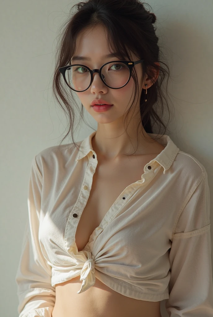 (Highest quality、Tabletop、8k、Best image quality、Award-winning works)、One Woman、(Very long messy bangs:1.1)、(Ordinary face:1.1)、(big black glasses:1.1)、(Very long hair, Messy and disheveled:1.1)、(A simple grey long sleeve sweatshirt:1.3)、(Large Breasts:1.3)、(Cleavage:1.3)、(Accentuate your body lines:1.2)、(No makeup:1.1)、(The simplest blurred apartment hallway background:1.1)、(Strongly blurred background:1.2)、(Face close-up:1.1)、Accurate anatomy、(Bright and glowing skin:1.1)、Front facing body、Expressionless