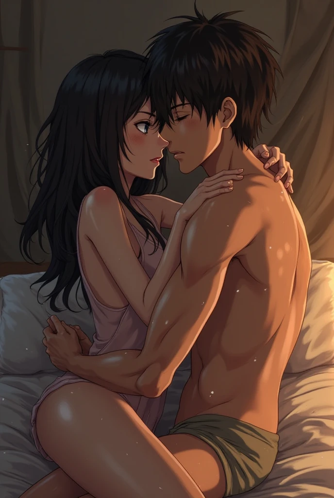 1girl waterfallbraid, red ribbon, long black hair,nude, brown eyes, lying, cowboy shot, 1boy buzzcut, muscular, lying, boy is front of girl, hug, hugging, passionate hug,body to bkdy, pelvic to pelvic, face to face, girl's arms up, boy hold girl's arms, camershot at behind boy's back, naked, bedsheet, missionary sex