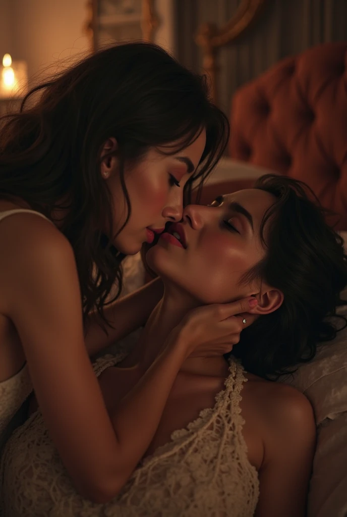 a passionate intimate sensual love scene between two lovers, erotic detailed warm lighting, soft focus, photorealistic, masterpiece, 8k
