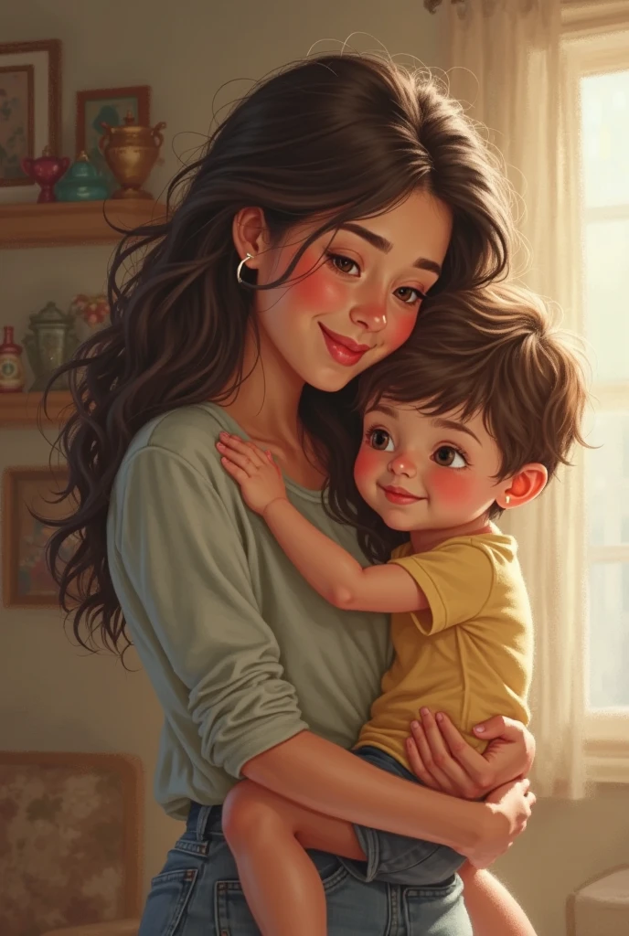 mother e hijo juntos.
mother, Red hair dyed with black roots, Long, wavy hair, Dimples appear when smiling, thick, pink lips, Round, dark brown eyes, Long, curly black eyelashes, bushy eyebrows, WITH OVERWEIGHT.
son, 11 years, Thin, dark brown, wavy and voluminous hair, Traditional haircut. Smile without dimples, features similar to mom.