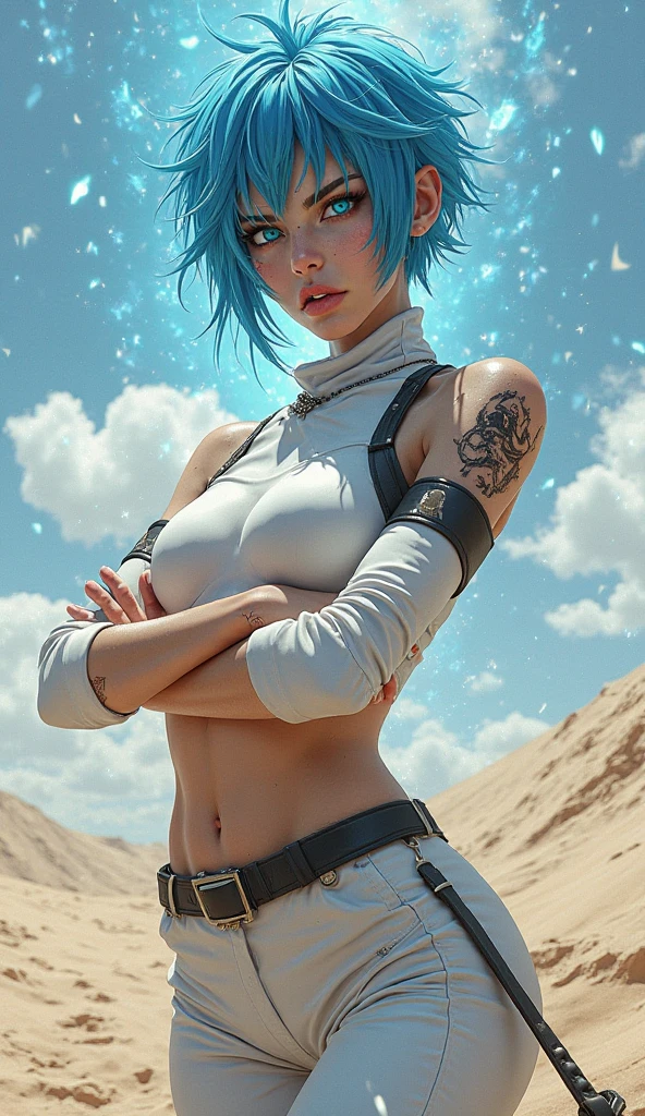 highly detailed , 8k resolution, masterpiece, one girl,(Full figure:1.2), (nine heads and bodies:2.0), (thin hips), (thin and long legs: 2.0), (pumps:1.2), (blue hair:1.5) , Glossy leather, 25 years, cute sexy beautiful face, pink lips, parted lips, ( Hair parted to one side:1.5), High Light, light blue eyes, SEXY FACE, sexy cute young woman, ( tight gray top and shorts :1.3), (complex parts: 1.2), Almond eye, (detailed face), Beautiful smile, My cheeks turned red, firm breasts, slim body shape, athletic waist, athletic toned butt, Beautiful hands, athletic shoulders, look at the audience, The woman poses sitting for a photo., modest pose, standing facing forward, Straightens hair, to rest one's head on one's knee, composition, depicting a line from the knees to the head., Sand dunes, planet Araxis, add sci-fi, a girl in a tent, a lantern in a tent, Sand dunes, interesting background details, rocks, night in the desert, futuristic tent, An oasis in the desert, night sky, neon lighting