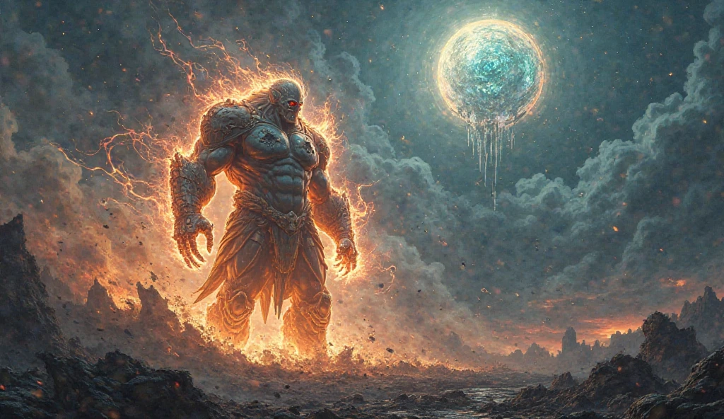 Let's create the character Zeno sama standing on the earth, crushing the sun in his hands, his expression angry, his eyes evil.