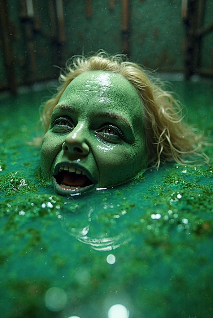 scary swamp monster, eats in terror, with fluorescent algae over its body looking with a disturbing gaze at us, hyperrealism, photorealistic
