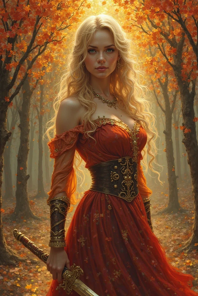 oil painting, sexy woman, 25 years old, blonde, hairstyle, smile, dark red elegant dress with rich embroidery, watercolor background of a gloomy forest, black fog, dynamic pose, roaring magic around, fire on the ground, lightning in the sky, portrait, looking straight into the camera, large strokes, high quality details