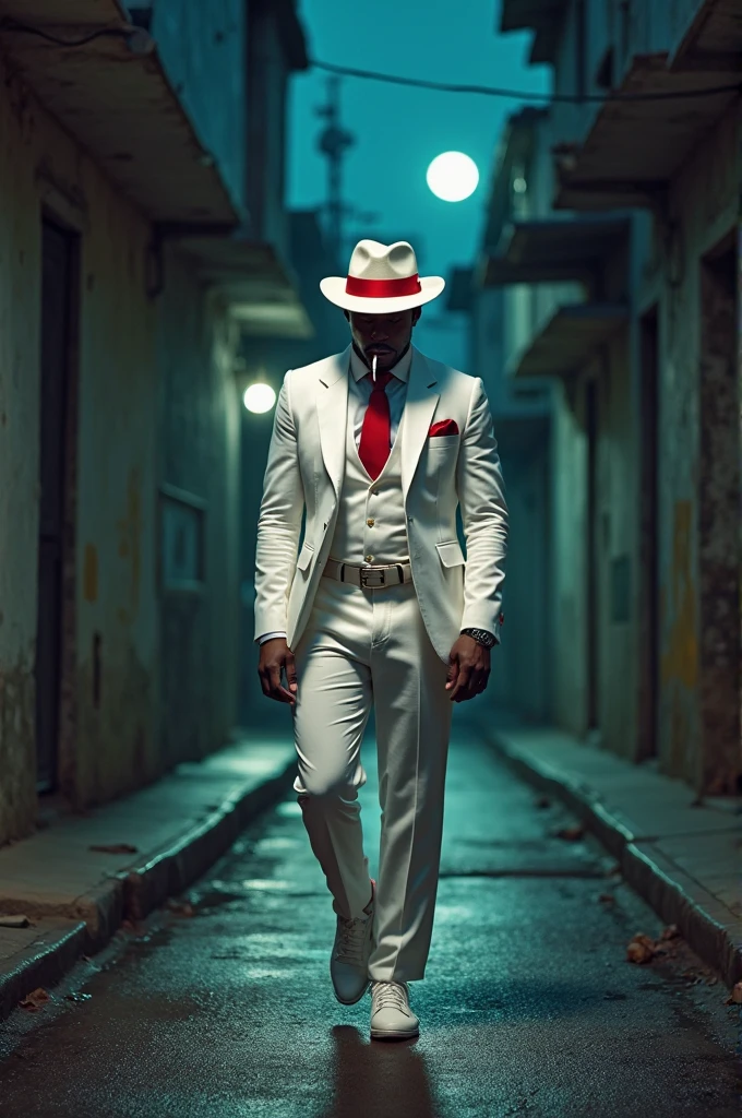 man in white suit red tie and white hat with red ribbon, Red shoe, smoking cigarettes, Leaning against the lamp post, neblina, In the background the arches of Lapa Rio de Janeiro,