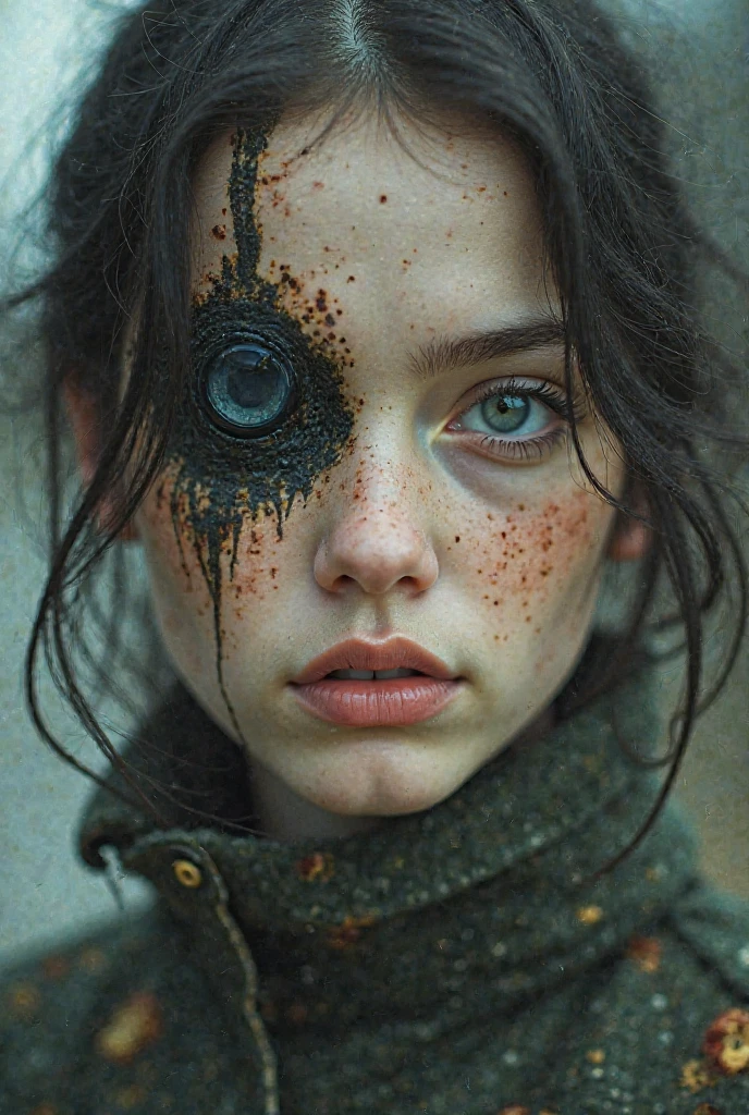 (8k, RAW photo, highest quality), hyperrealistic, abstract style, hauntingly beautiful face, emerges from the depths, dark abyss, piercing eyes,hidden depths of the soul, mysterious beauty, intricate abstract, intricate artwork, non-representational, colors and shapes, expression of feelings, imaginative, highly detailed