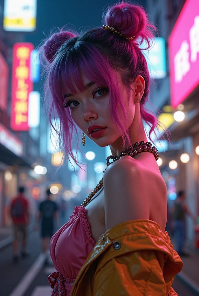 nightの女、Hostess、Slender Body、Revealing clothing、Frilly clothes、Short skirt、Pink Hair、Japanese women、bustling street、neon、night
