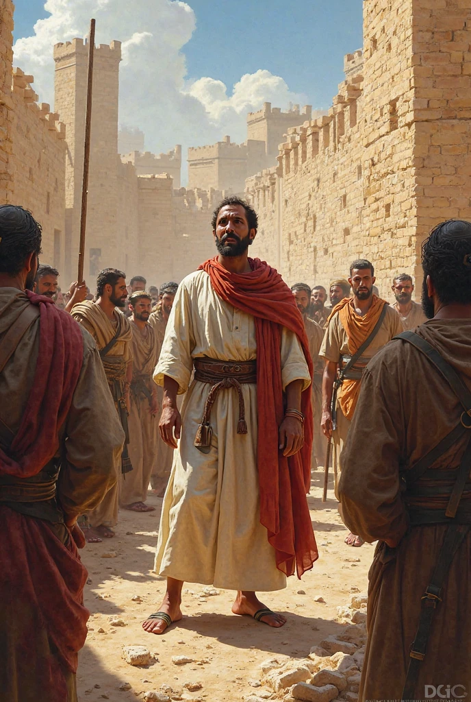 Man of biblical times standing and many people in the wilderness