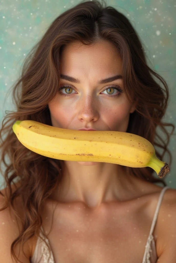 mulher visivelmente surpresa e encantada, holding a giant banana that is clearly larger than your own head. Your eyes are wide open, expressing a mixture of shock and awe as she holds the end of the banana, that extends beyond your shoulders. Her hands are delicately resting on the surface of the banana, and his mouth is half-open in an expression of genuine surprise. The scene captures the moment when she is discovering and reacting to the extraordinary presence of the giant banana, radiating fascination and wonder at the unusual proportions of the fruit