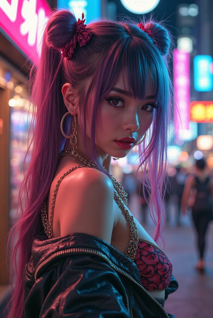bandeau, 1girl, festival rave, night, rays of light, eoc, delirium, highres, lens reflection, led, masterpiece, cinematic lighting, perfect skin, long and vivid colored hair, toned, cameltoe, focus on breasts, focus on legs