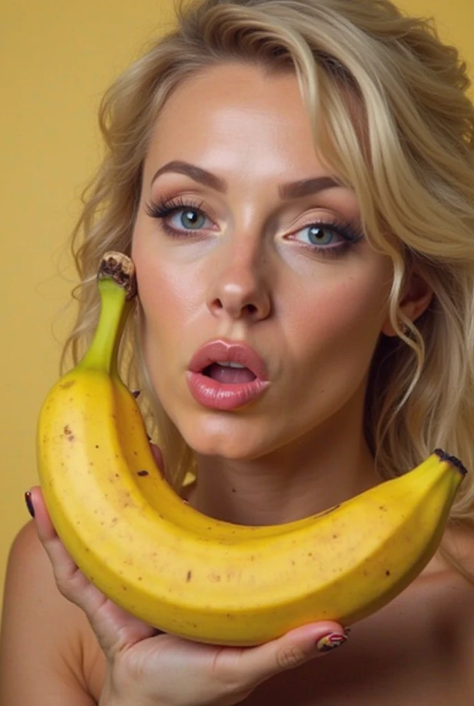 Blonde woman with big inflated lips in tight transparent bra shows me her huge puffy breasts sucking a banana