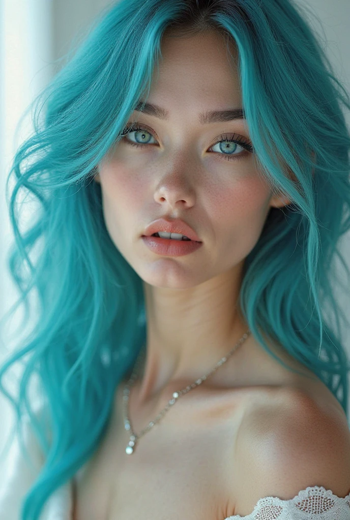 Make a turquoise-haired blue-eyed woman with delicate features in a professional photo shoot
