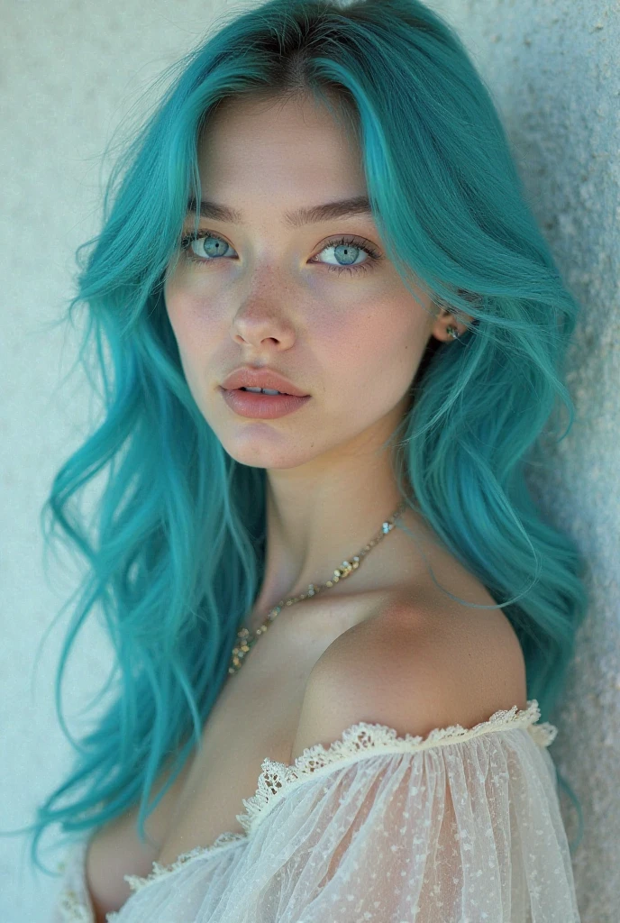Make a turquoise-haired blue-eyed woman with delicate features in a professional photo shoot