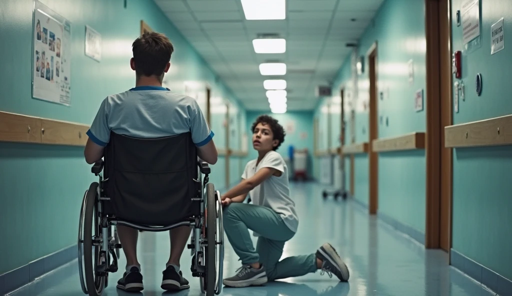 A thin twelve year old boy. He is very nervous looking introvert, skinny and weak. Bad at sports also a coward. He had broke his leg and is walking on crutches his father was next to him silent and angry because he was coward and fool. The background is hospital. The father is not that old. The father is not old is of around 50 years old. The boy has broke his one leg on the leg it is plaster and that leg is in air and he is walking through crutches. The father is not on crutches. The father is not that old. Don't make it too animated. Don't make the hair of the boy like spike cut
