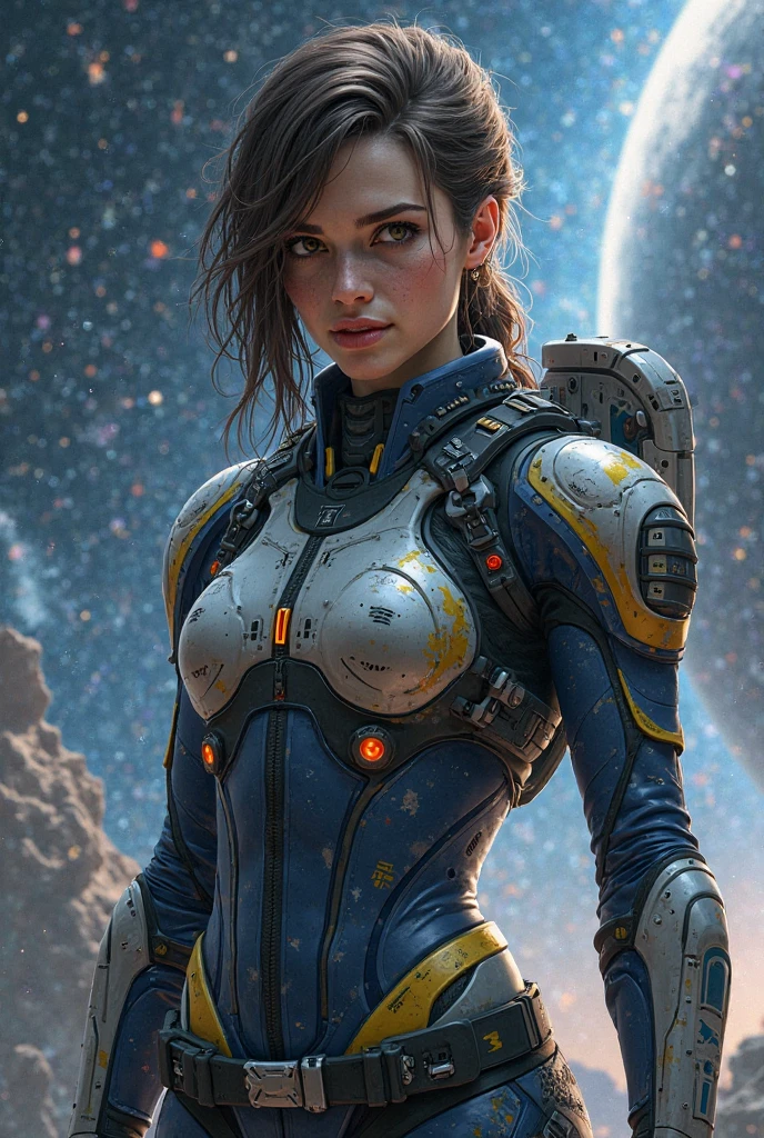 (work of art), best qualityer, if we give, French face, (trunk), brave woman with shoulder length hair, intricate spacesuit, , (dutch angle), warm palette, (👩🚀), spacial station,comics