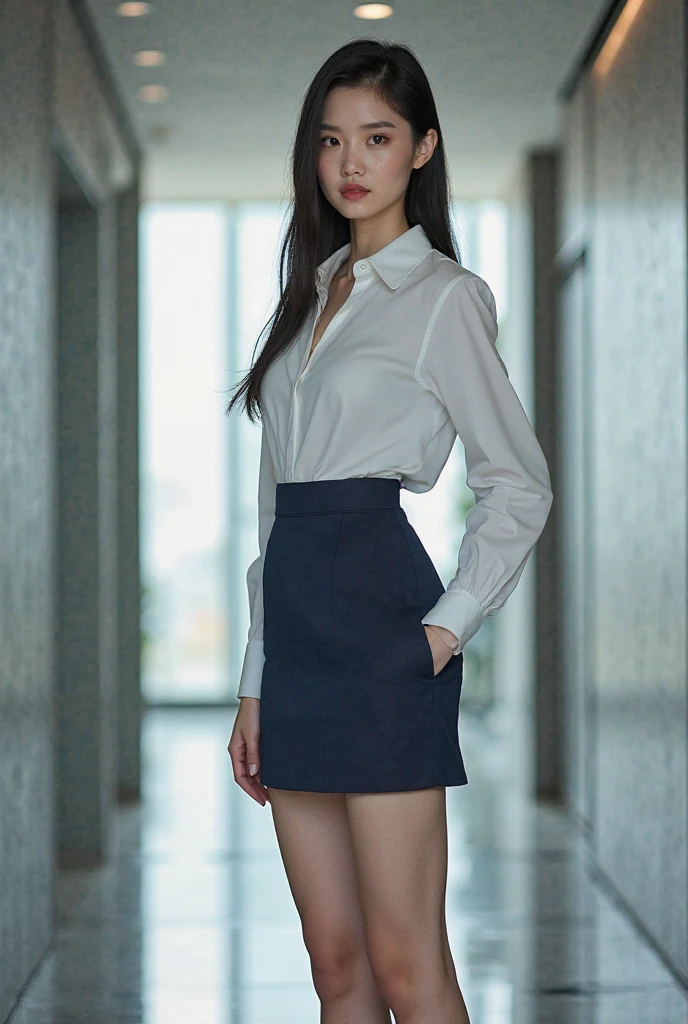 1girl, a 18 y.o slim female wearing long-sleeve white shirt and tie, full body view, short skirt, pantyhose
soft lighting,
masterpiece, best quality, 8k uhd, dslr, film grain, Fujifilm XT3 photorealistic painting art by midjourney and greg rutkowski