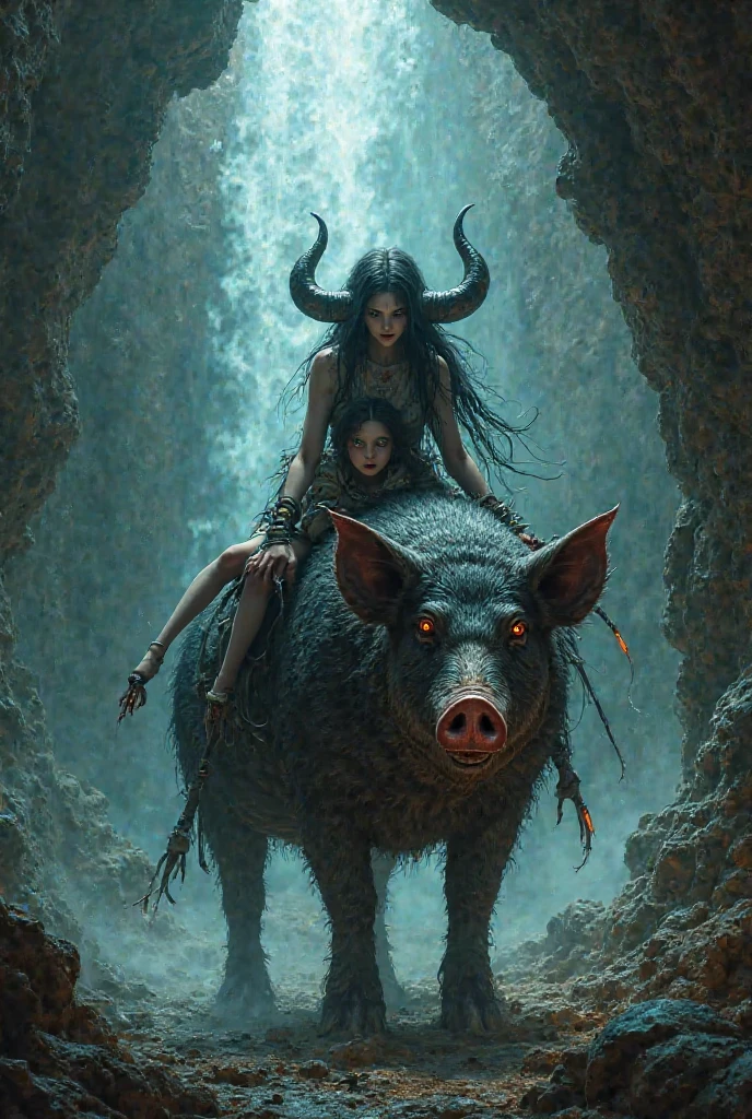 Create a dark and twisted horror illustration that captures a nightmarish scene inspired by 'The Wizard of Oz.' In the foreground, depict a grotesque version of Dorothy, her appearance altered to be more monstrous and tragic. She should be bound and restrained, her face hidden by a mask, with a distressed posture as she is pulled forward by chains. Dorothy's attire is tattered and worn, a mix of Victorian-style clothing with a dark, gothic twist, complete with a corset and flowing, torn skirt. She wears heavy, metallic platform boots that add to her burdened stance. Her captors are two malformed, humanoid creatures, one riding on the back of the other. The rider is small, with exaggerated features like sharp teeth, bulging eyes, and a maniacal expression. The mount is a larger, more bestial figure, crawling on all fours, with a rough, lumpy texture to its skin and twisted limbs. The background is a foggy, desolate landscape, with ominous shadows and eerie, dim lighting that enhances the horror atmosphere. The entire scene should feel otherworldly and unsettling, with a focus on the macabre and grotesque elements.