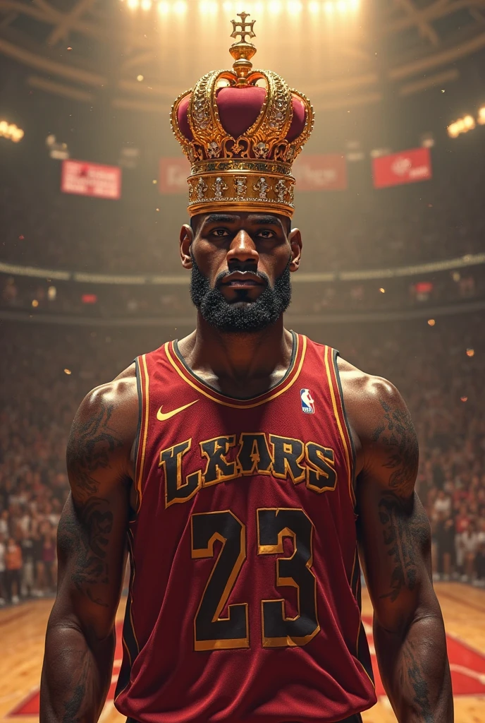 I need a picture of LeBron James sitting like an ancient god on a throne with a king's crown. And there are many people who have been kneeling before