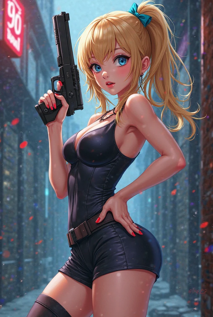 ((Masterpiece, highest quality; 1.3)), super quality, beautiful detail, super detailed, extra fine, 16K, exquisite, absurd, high resolution, beautiful background, detailed background, beautiful eyes, beautiful skin, anime style, Kay from Dirty Pair in a white outfit, tight outfit, cleavage, blonde hair in twin (red and blue) dyed pigtails,beauty, very light blue uniform, wearing tight clothes, skimpy, (mid chest: 1.2), cleavage, cleavage, slim waist , thin waist, slim thighs, thin legs, slim legs. thigh gap, showing stomach, skinny, thin hips, cyberpunk city background, holding retro space gun , headband,