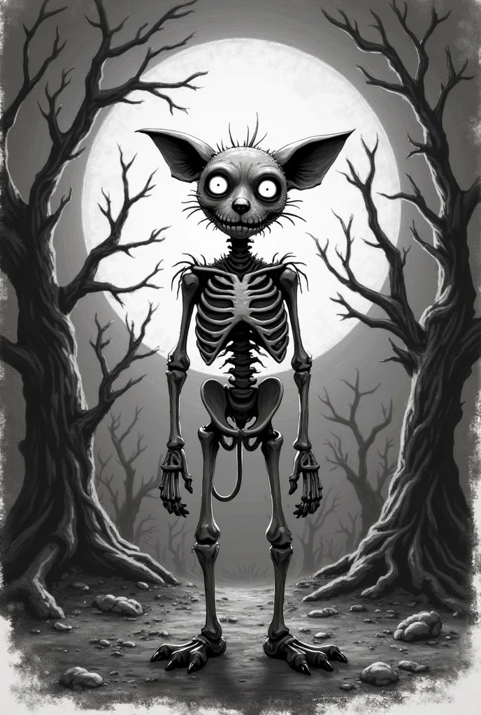 Create a sketch of a skeletal rat with broken wings and destroyed hunger in black and white pointillism