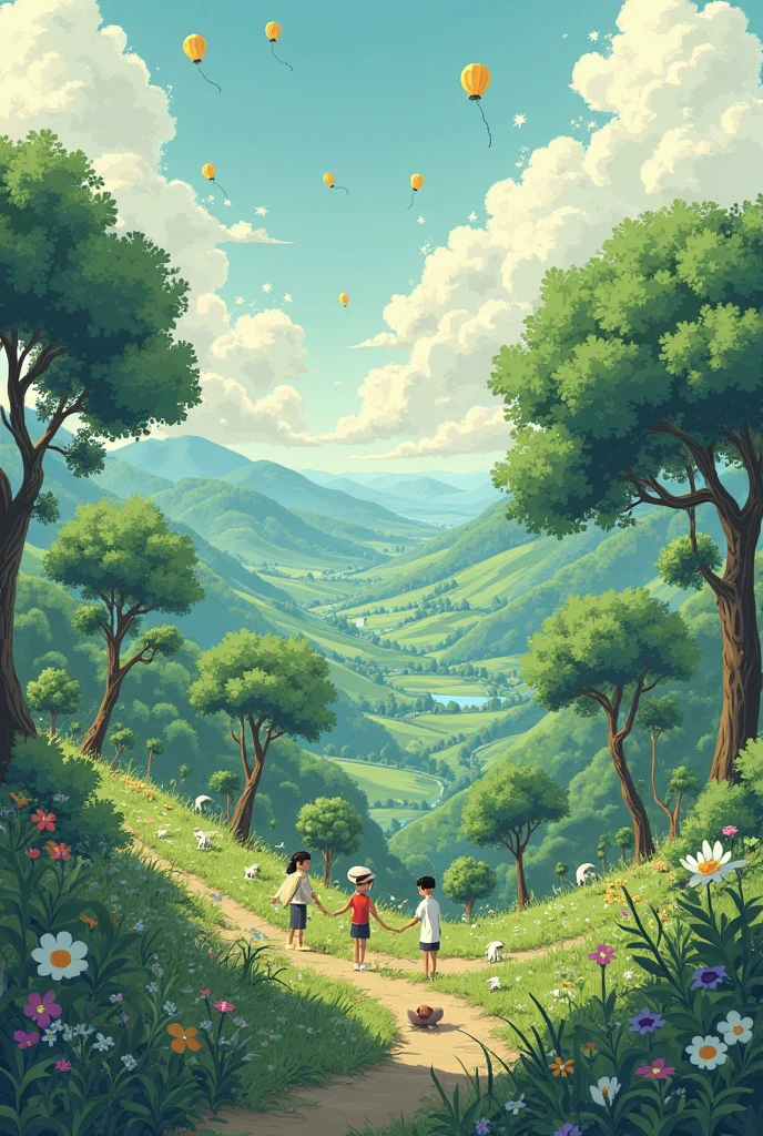Make a blue sky image, green grass with trees with branches that reach the ground and people can sit on them