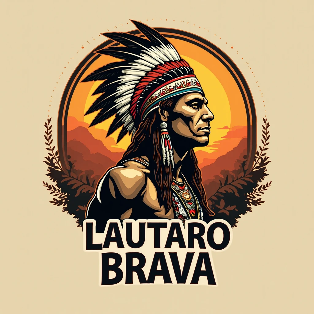 create a logo written village with an indigenous person holding a trophy and a gun with an Argentine flag with a bullet hole behind the indigenous person