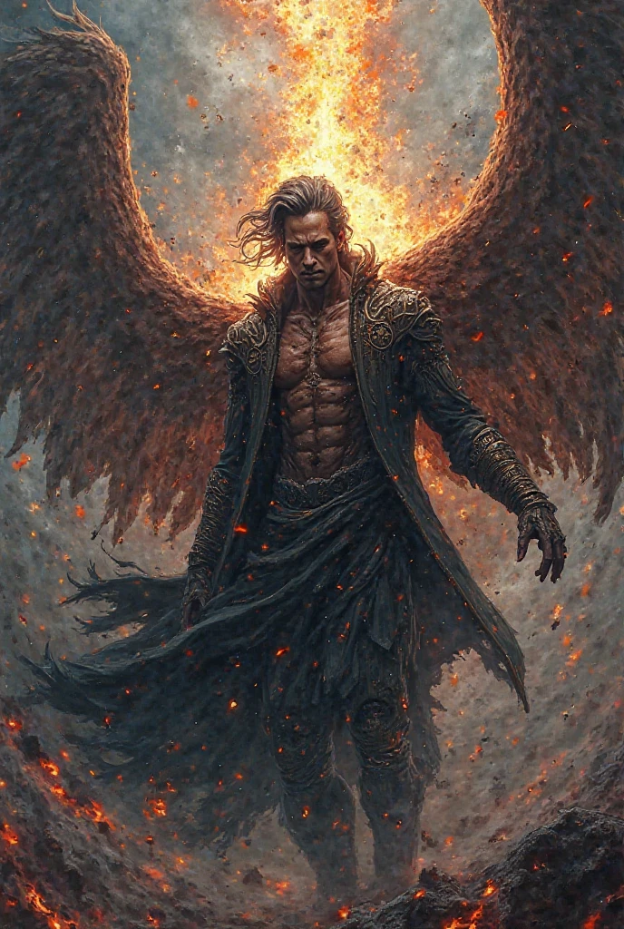 I want a person who is a man, half angel and half demon, with its wings open