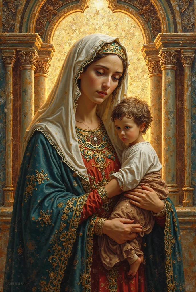 (((Saint Virgin Mary. 19 years old))) ((( Con una cara seria y piadosa. Con una mirada dulce y tierna))) (obra maestra, calidad superior, mejor calidad, arte oficial, beautiful and aesthetic: 1.2), (1girl), extremadamente detallado, (Arte fractal: 1.3), colorido, highest detailed, Cara perfecta, parte superior del cuerpo, HDR, (orando: 1.3), (golden lines of white coat: 1.2), galaxia, (rayas de luz), eye-catching visuals, (dynamic stripes, senderos luminosos: 1.2), colores vibrantes,
