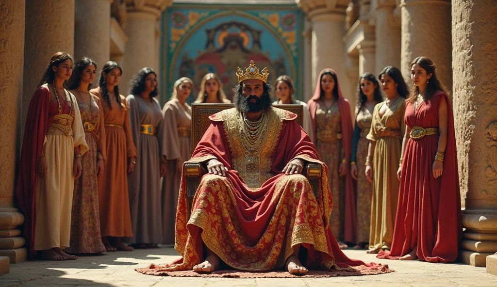 CREATE AN IMAGE OF KING SOLOMON FULL OF GOLD ON HIS NECK AND ARMS WITH ELEGANT CLOTHES, OUTSIDE HIS PALACE SITTING ON A THRONE NEXT TO GARDENS AND WITH HIS 700 WOMEN AND HIS TWO GUARDS BY HIS SIDE HE ALSO PLACED THEM ALL TOGETHER SO THAT THEY ALL APPEAR