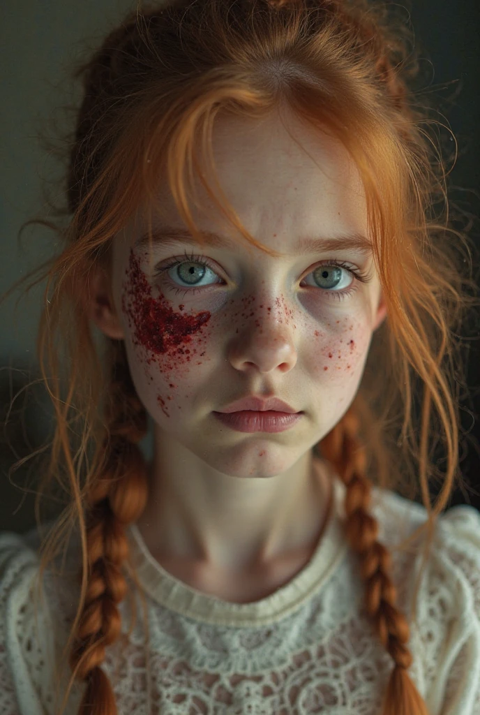 irish albino girl, texas, emotive, slaughterhouse, sunlit cottoncandy wild messy red hair glistening, cattle, rosy, americana, closeup, drenched in sunlight and shadows pattern, morning dew, haze, nostalgia, style of sally mann in color